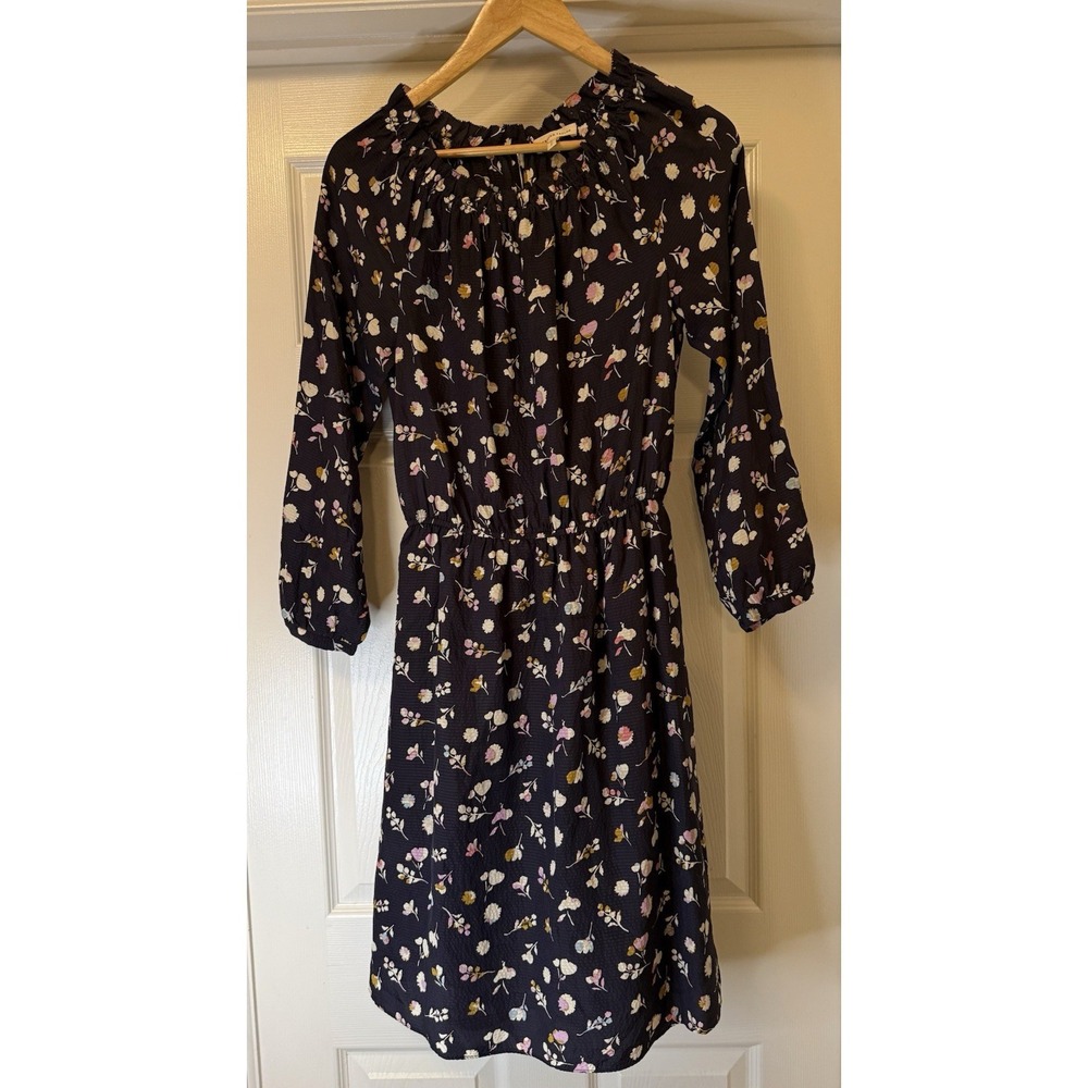 Rebecca Taylor Dress‎ Women 2 Navy Blue Floral Silk Ruffle Neck 3/4 Sleeve